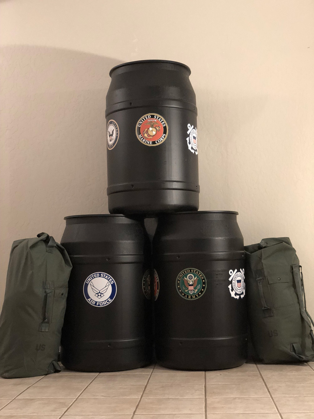 Donation collection barrels created by Tracey's organization Opertion Good to Go. The barrels are placed in businesses in order to collect supplies for veterans in need.